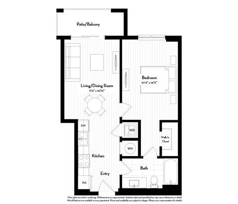 Floor plan for 1 bed, 1 bath, 588 sqft